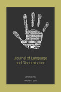 journal cover, showing image of hand in "stop" gesture imprinted with text